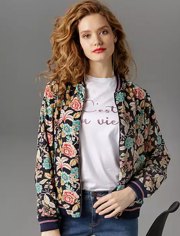 Jaket bomber dengan motif bunga